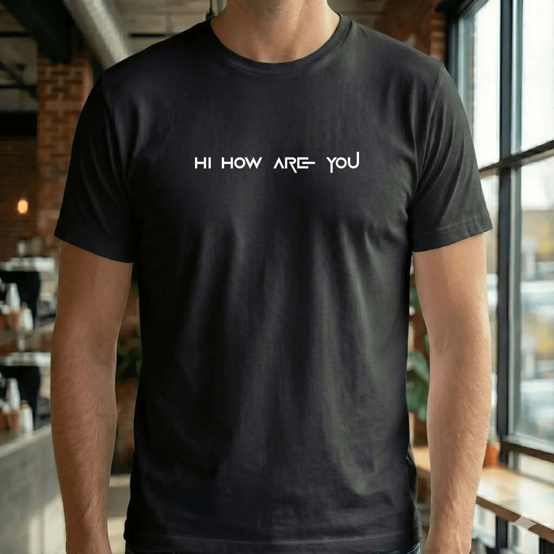 Woman wearing the white Hi How Are You t-shirt