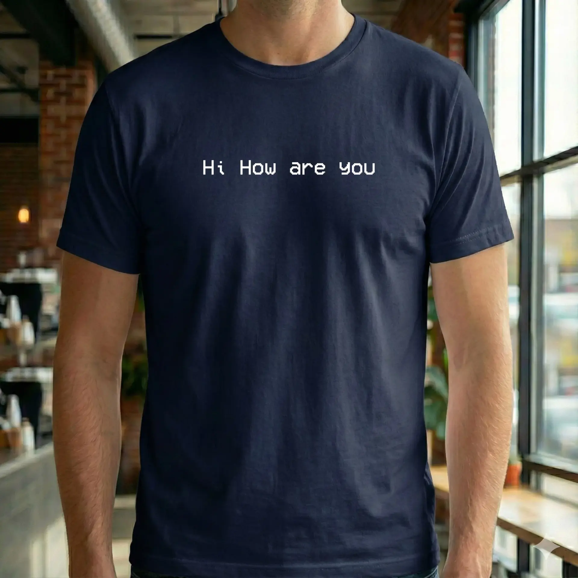 Close-up of the Hi How Are You t-shirt text